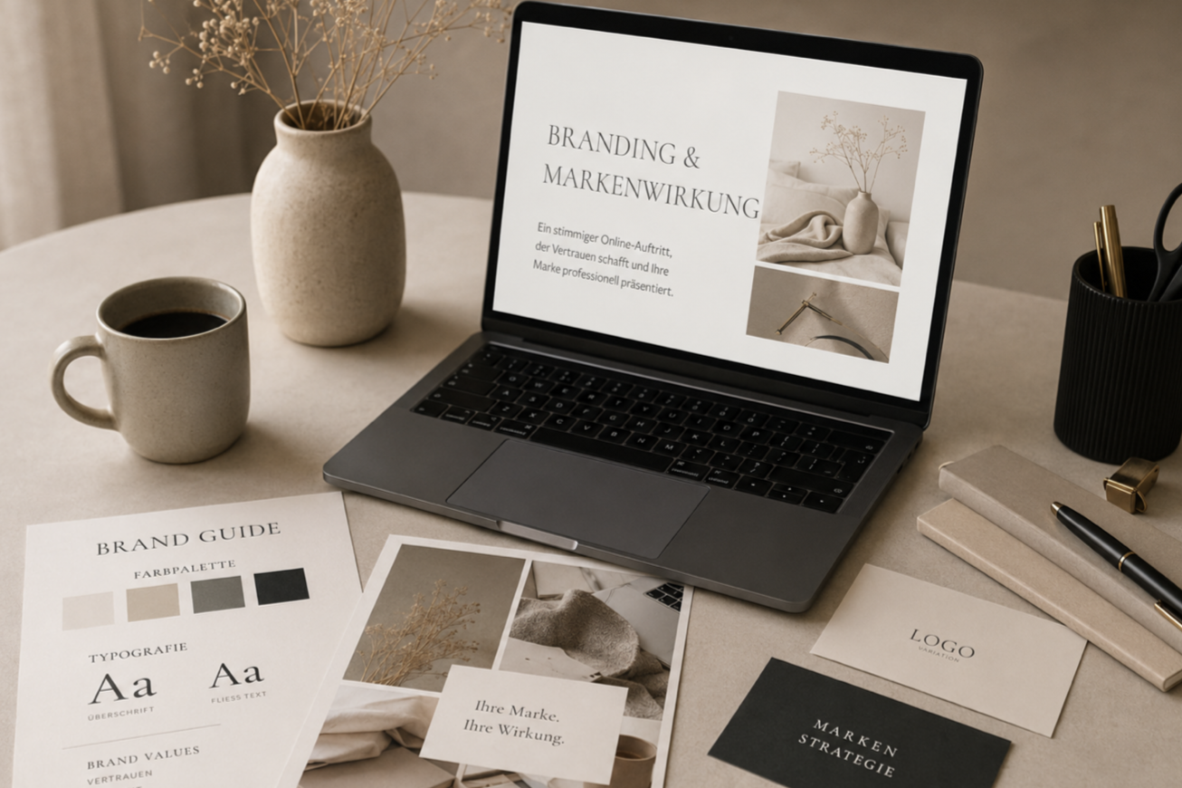 Branding & Markenwirkung – Webdesign von Pixel & Page Studio Branding- und Markenstrategie-Arbeitsplatz mit Laptop, Farbpalette und Designmaterialien für professionelles Webdesign und Markenwirkung.