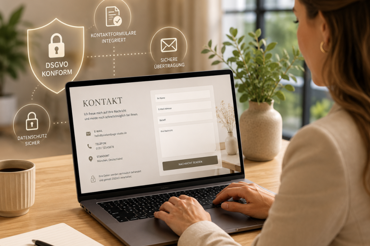 DSGVO & Kontaktintegration – Webdesign von Pixel & Page Studio DSGVO-konformes Kontaktformular auf modernem Laptop in stilvoller Arbeitsumgebung – professionelle Kontaktintegration für moderne Websites.