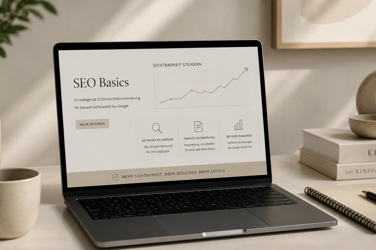 SEO-Basics für bessere Google Sichtbarkeit Laptop mit moderner SEO-Übersicht auf einer stilvollen Website. Die Darstellung symbolisiert grundlegende Suchmaschinenoptimierung