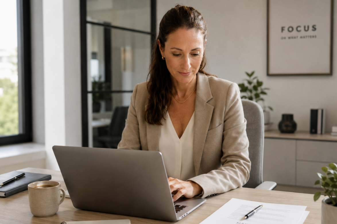 Persönliche Betreuung – Webdesign von Pixel & Page Studio Persönliche Betreuung bei der Website-Erstellung – Webdesignerin arbeitet in modernem Büro am Laptop an individuellen Webdesign-Projekten.