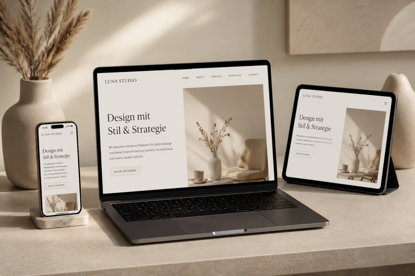 Modernes Webdesign – Responsiv & Stilvoll von Pixel & Page Studio Laptop, Tablet und Smartphone zeigen eine moderne Website mit stilvollem Webdesign in neutralen Beige- und Sandtönen.