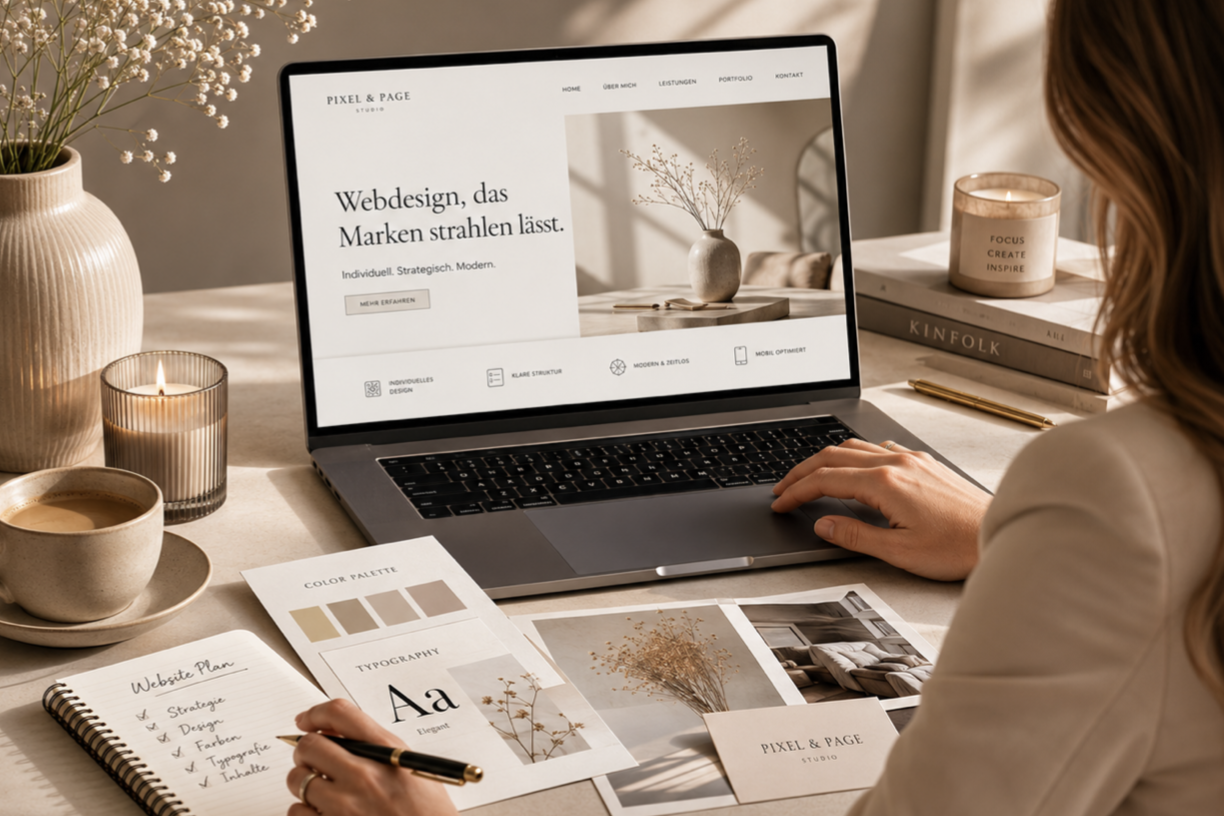 modernes Webdesign von Pixel & Page Studio Laptop zeigt eine moderne Website mit stilvollem Webdesign in neutralen Beige- und Sandtönen. Die responsive Darstel